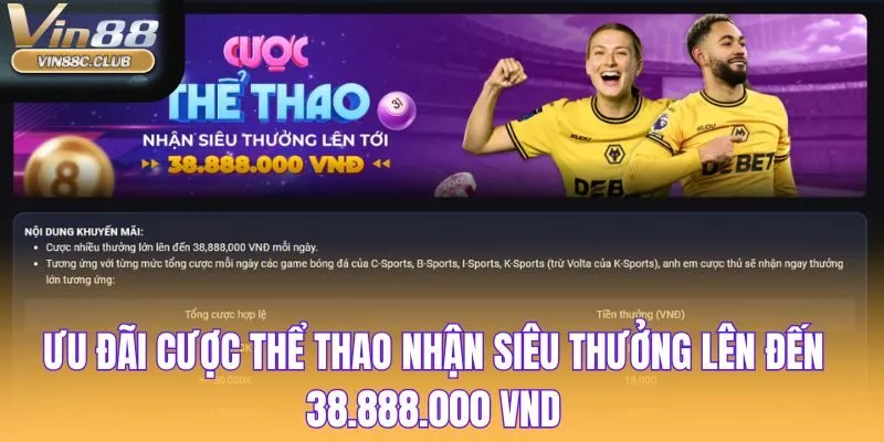 Ưu đãi cược thể thao nhận siêu thưởng lên đến 38.888.000 VND